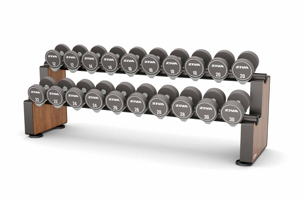 מעמד משקולות LUMINA עם גימור עץ ודאמבלים אפורים